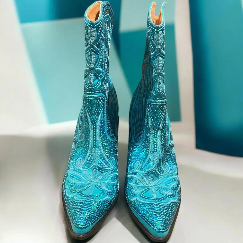 Helen's Heart Turquoise Glitter Sequin Western Ankle Boots